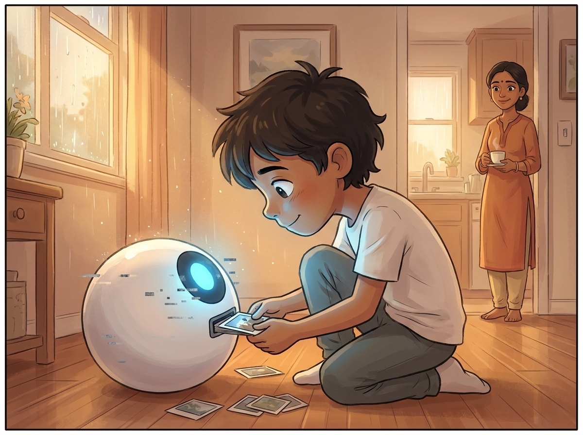 Milo kneeling in front of Spark, loading the twenty photos as Spark's blue light brightens