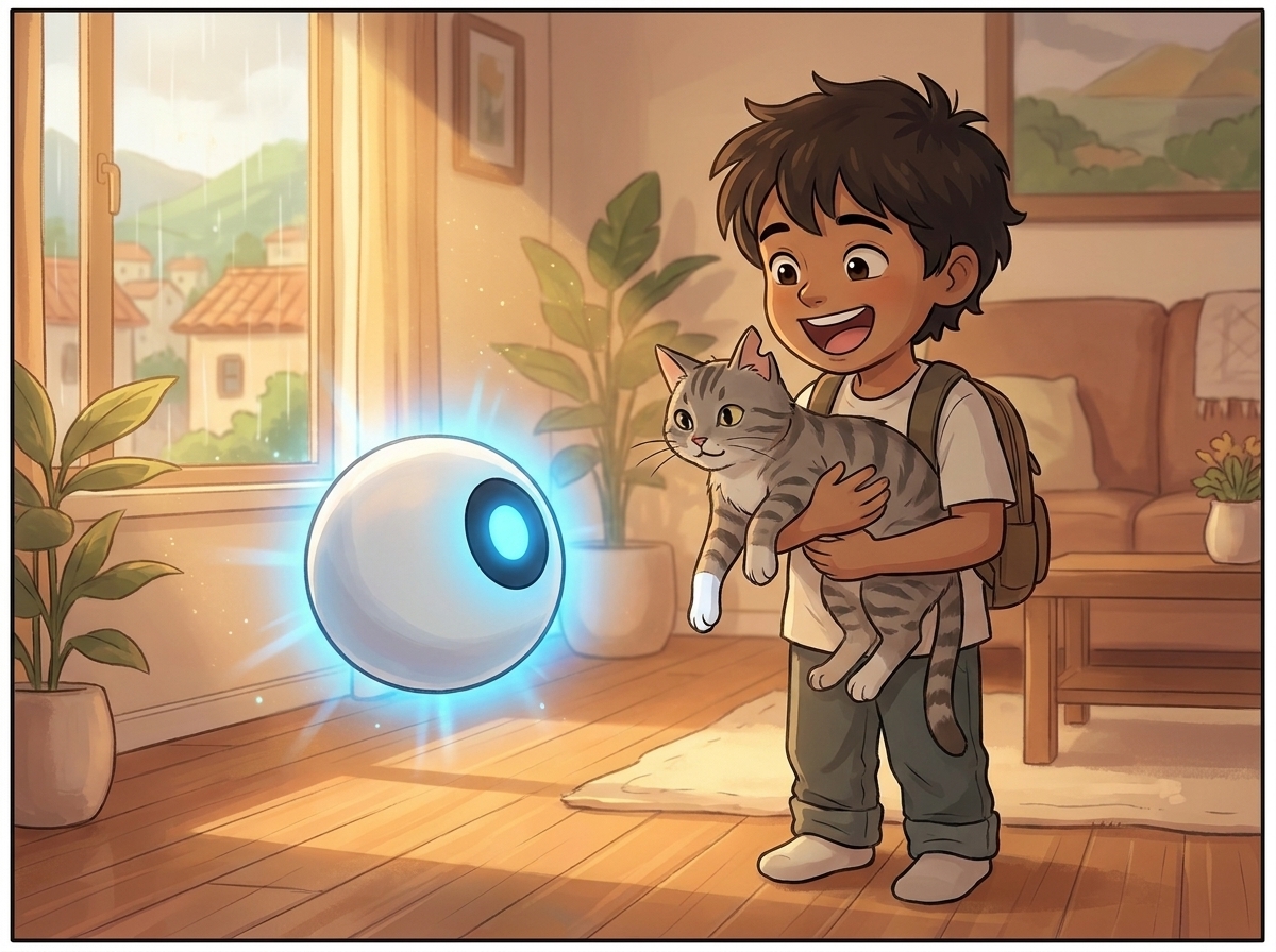 Milo holding Whiskers up in pure joy as Spark's light glows warm and steady, sun breaking through the window