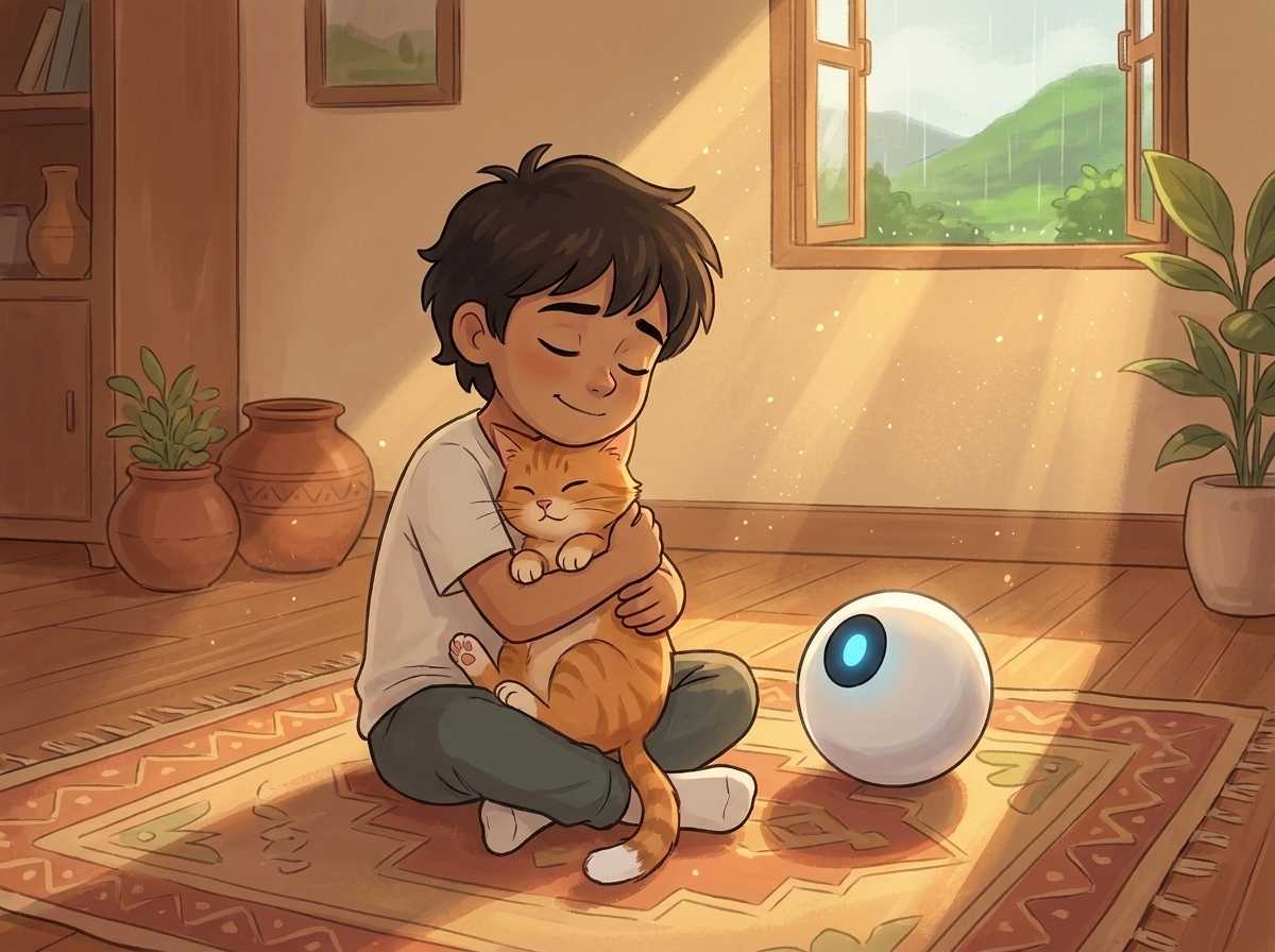 Milo sitting on the rug hugging Whiskers close with a soft proud smile, Spark glowing steady beside them