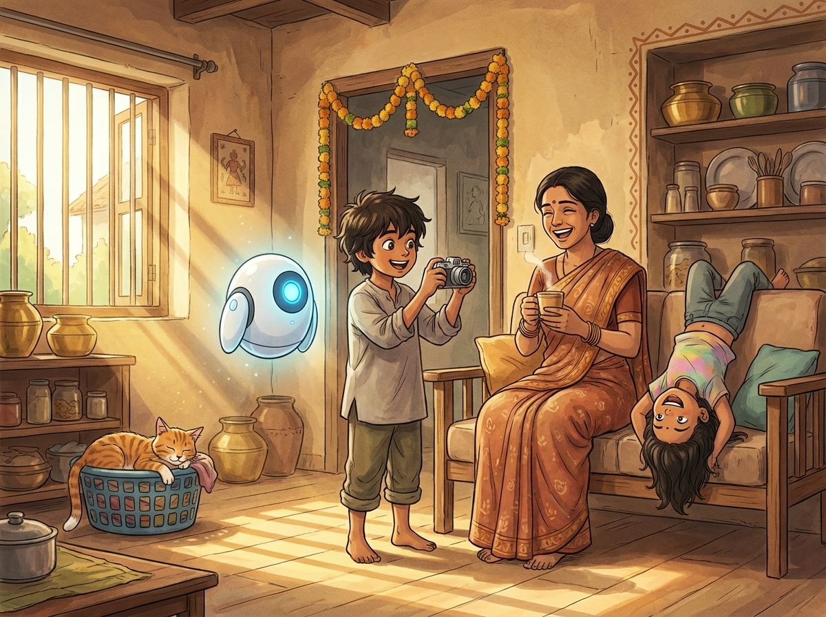Milo holds Priya's silver camera up to Amma in a golden Willowbrook living room, Spark glowing blue at his shoulder, Whiskers asleep in the laundry basket
