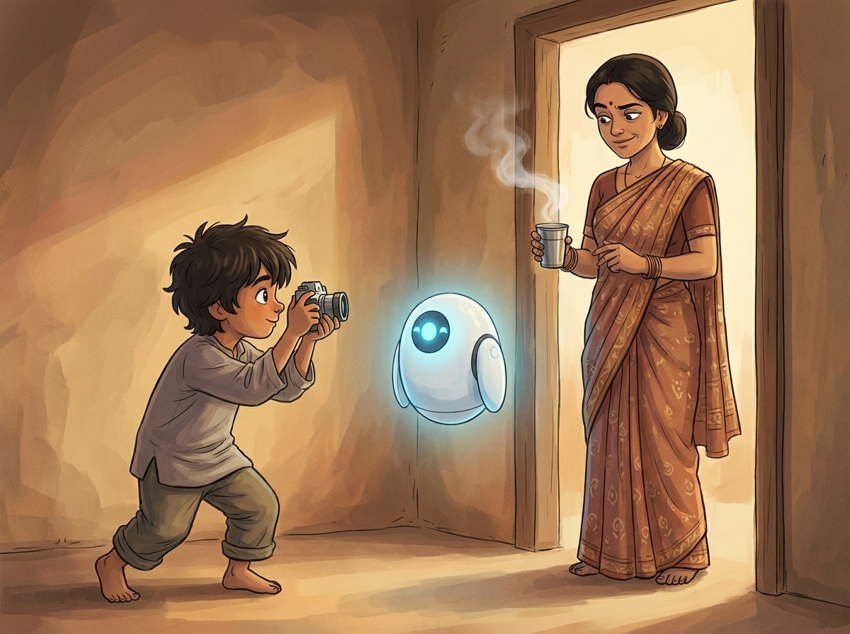 Milo pointing the silver camera at Amma in the kitchen doorway, Spark glowing between them