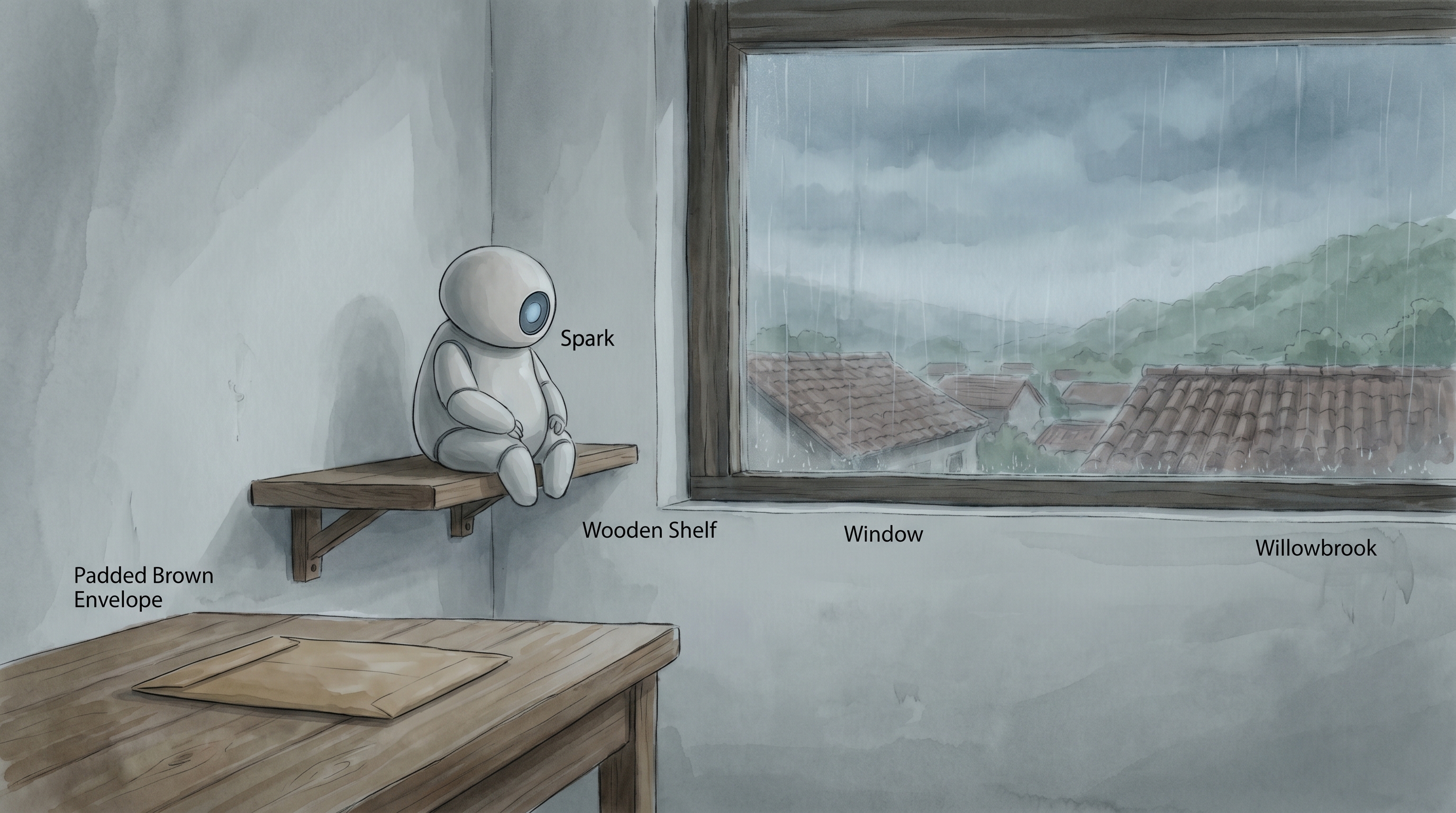 Spark sits dark and lifeless on a shelf, its light a dead grey, rain streaking the window of a dim Willowbrook afternoon
