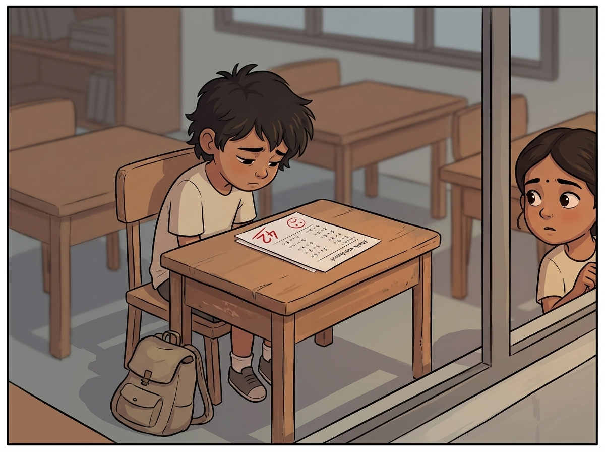 Milo at a school desk, head down over a maths worksheet marked with a sad red number, Priya watching with concern, no Spark anywhere