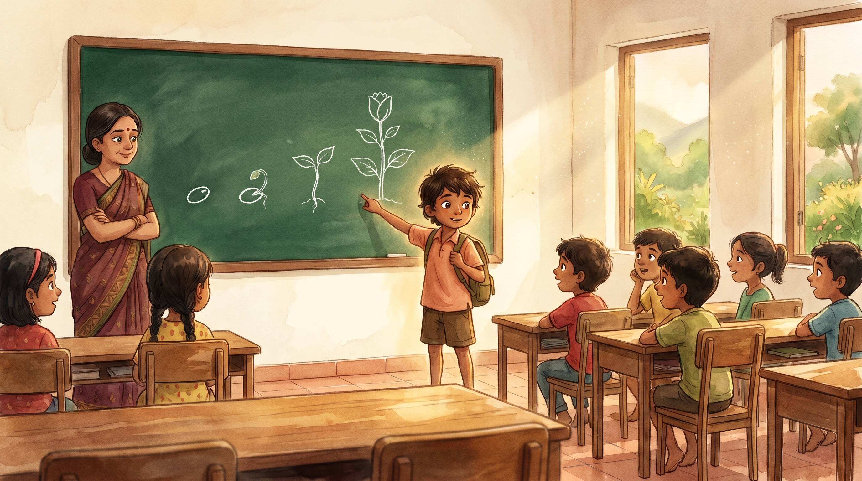 Milo standing at the front of the class pointing at a chalkboard drawing of a plant growing in a pattern, Mrs. Mehra nodding, no Spark