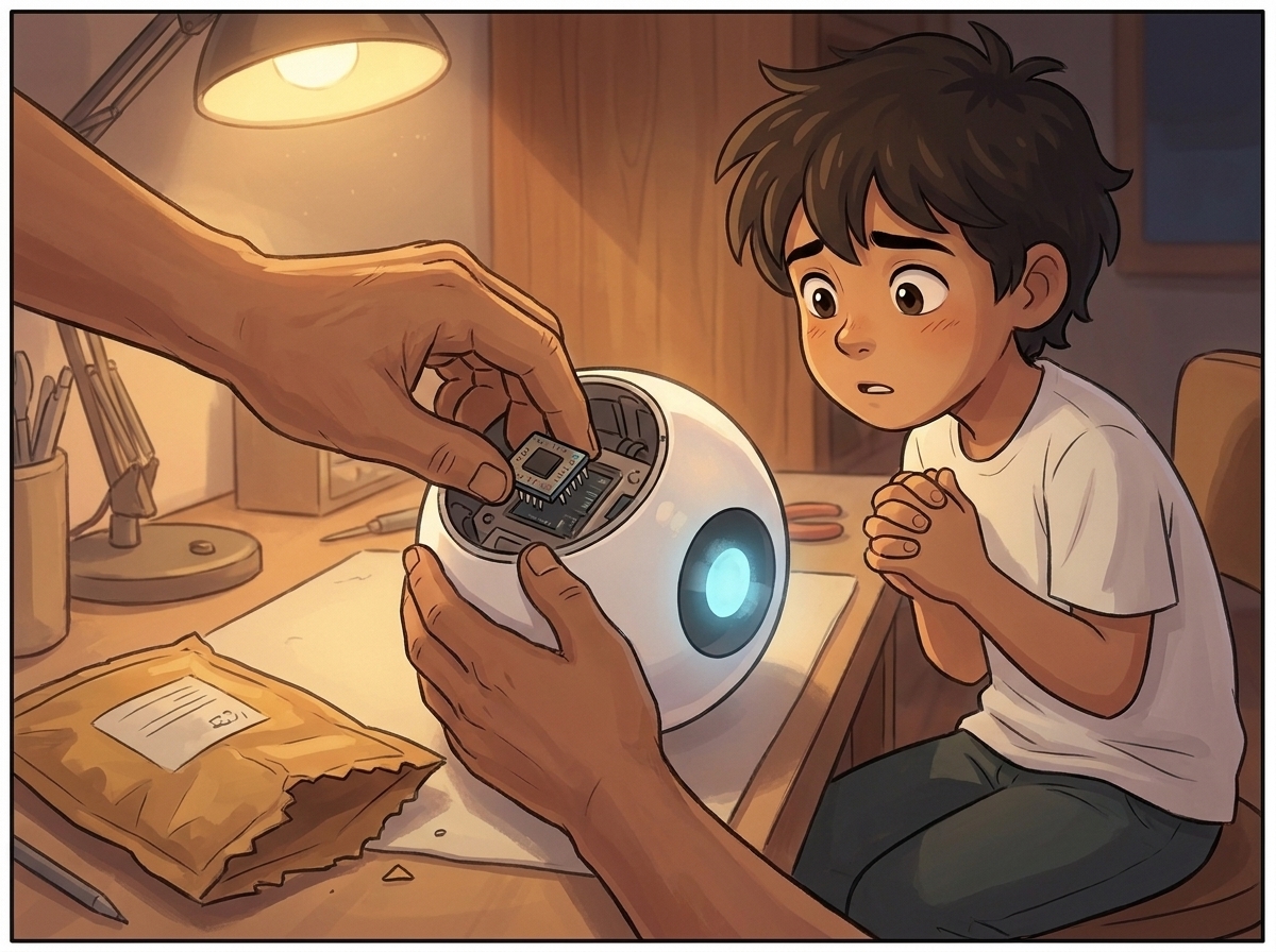 Appa's hands fitting a tiny chip-module into Spark's open round body, the light just beginning to flicker awake but pale and uncertain