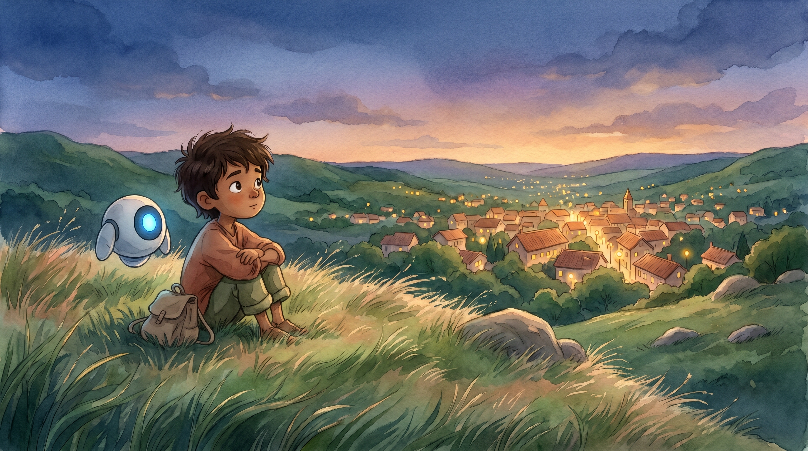 Milo and Spark together at the top of the hill at dusk over Willowbrook, calm and unafraid, the town glowing with first lamps