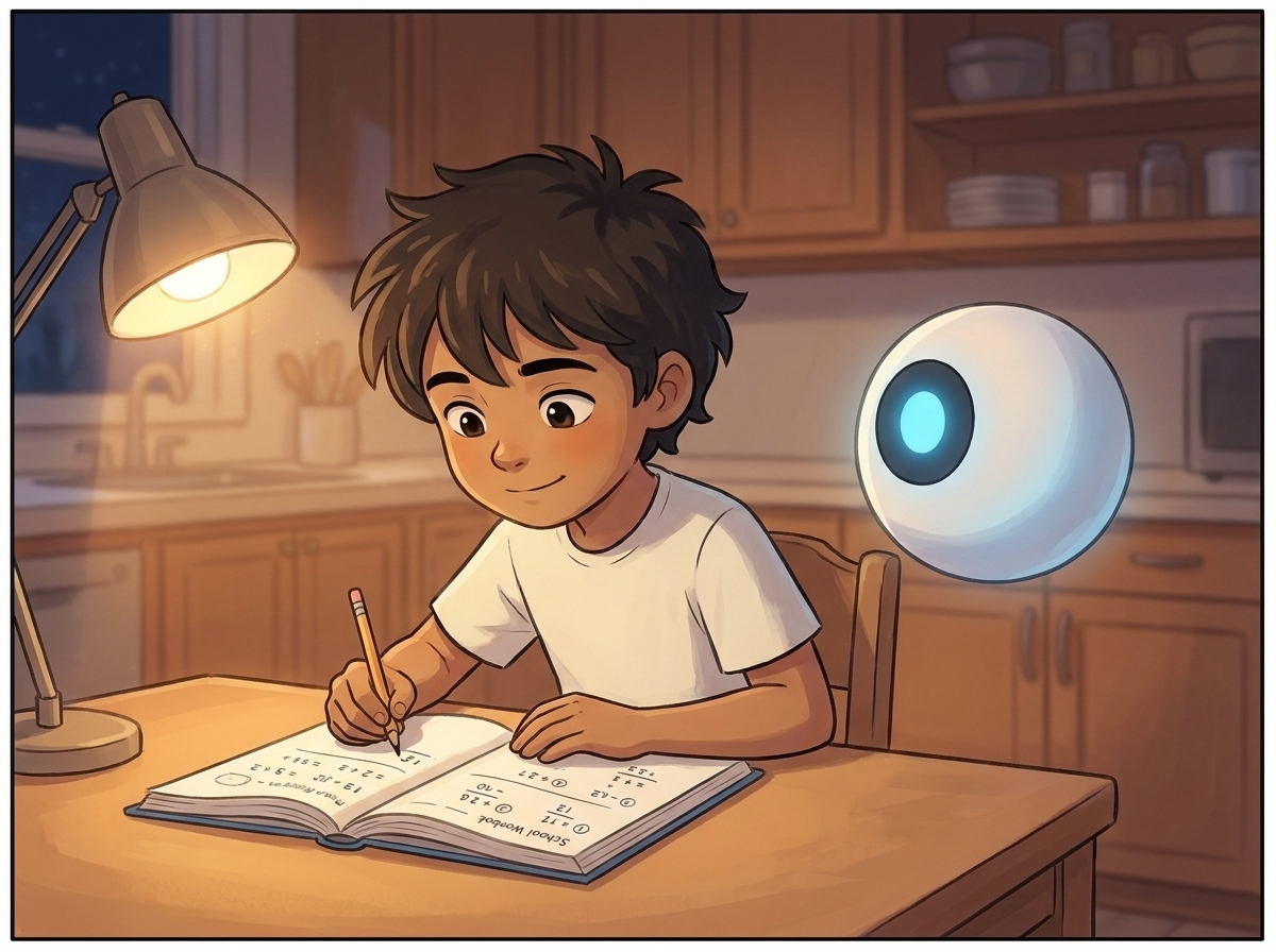 Milo at the kitchen table at night, working a maths problem on his own with a pencil, Spark hovering quietly nearby not helping
