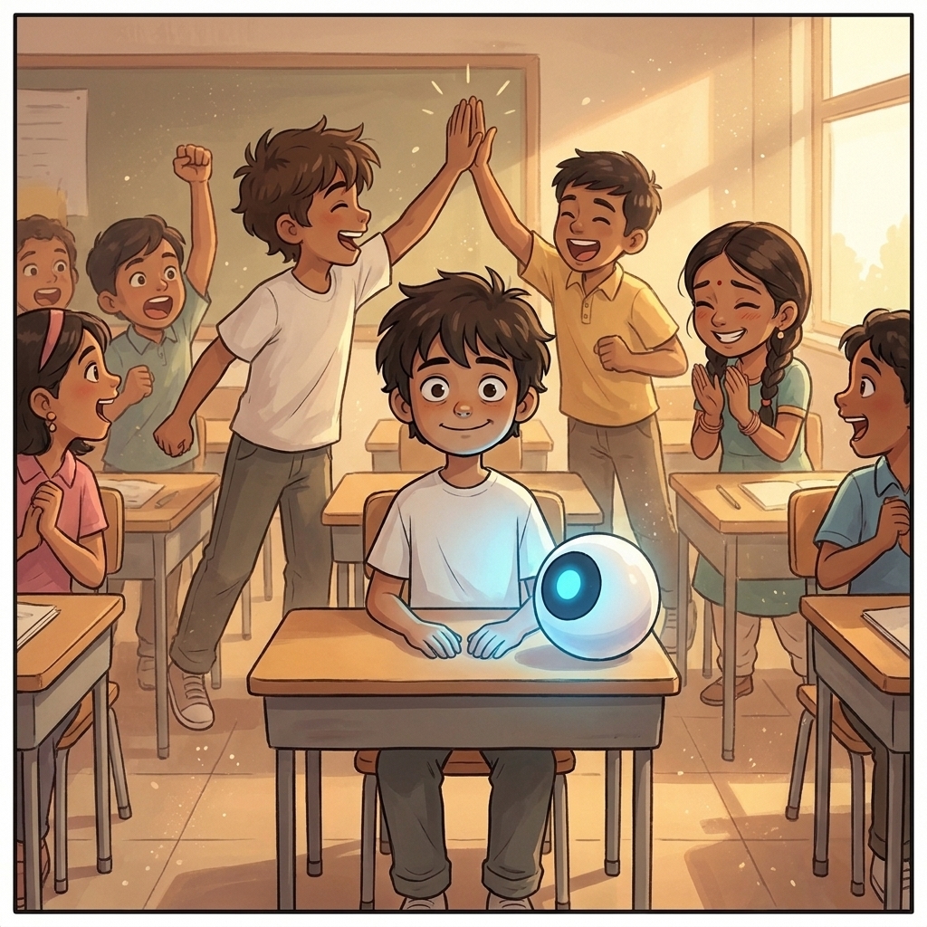 The classroom erupting with excitement, kids cheering and clapping, Milo sitting frozen with a fixed half-smile