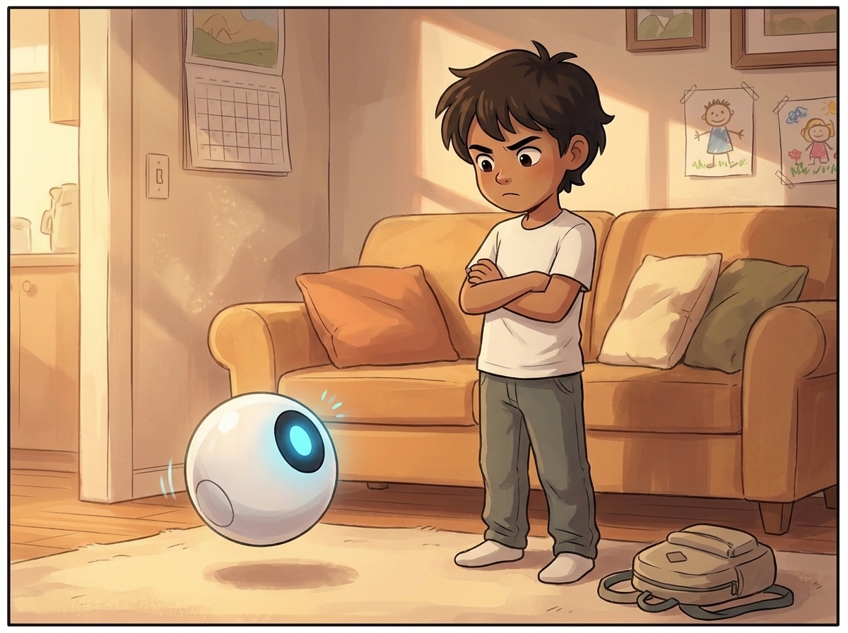 Milo standing over Spark in the living room, arms crossed, jaw set, giving an order
