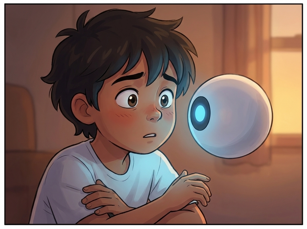 Tight on Milo's face lit by Spark's dimmed glow, his crossed arms loosening, surprise and guilty relief
