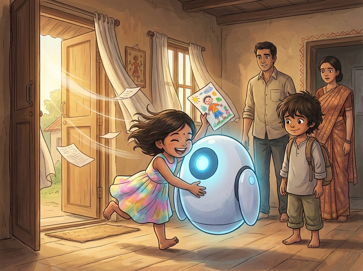 Tara blowing in on a gust of wind holding a crayon drawing, flinging her arms around Spark