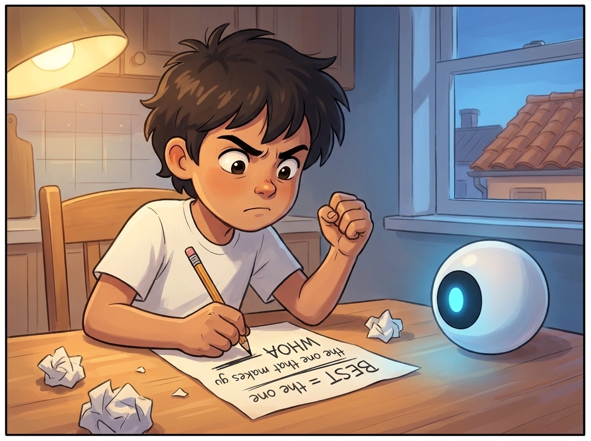 Milo at the kitchen table by lamplight, writing 'BEST = the one that makes you go WHOA' and crossing it out