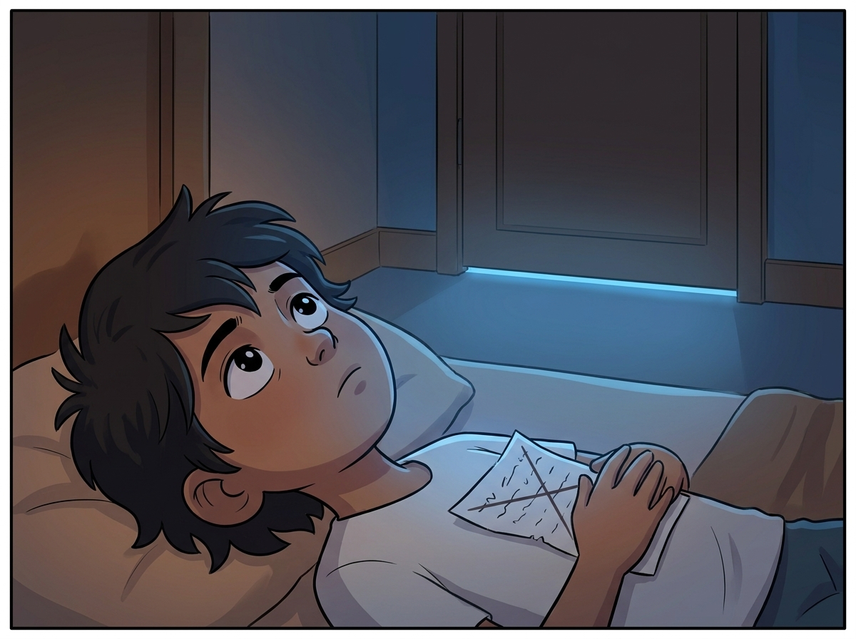 Milo's dark bedroom at night, the crossed-out scrap on his chest, a thin line of Spark's blue light glowing under the door, his face set and determined