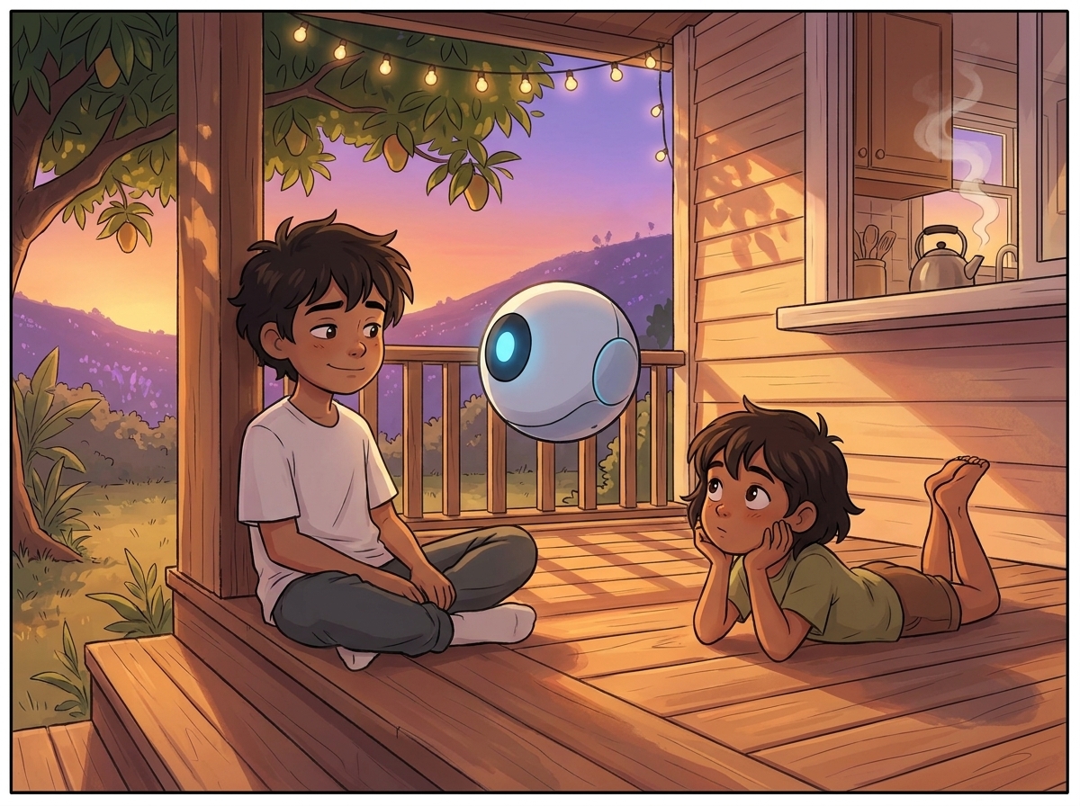 Milo on the warm porch at golden evening, Spark glowing beside him, Tara sprawled on the steps below