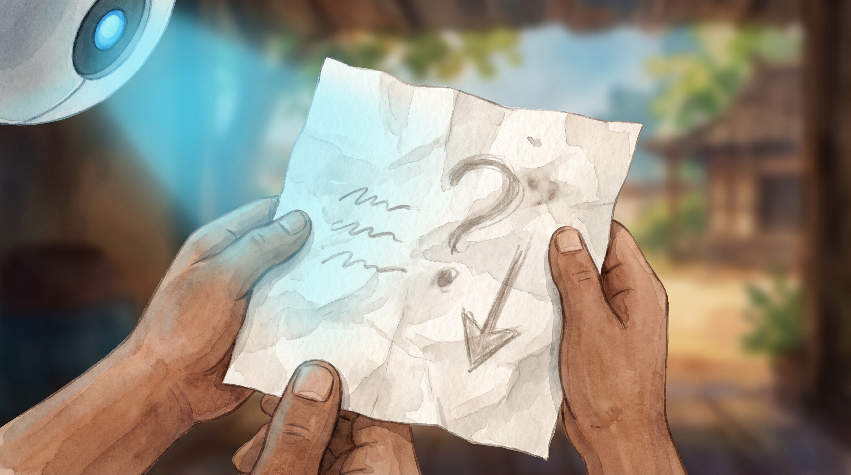 Overhead shot of Milo's crumpled scrap of paper with three questions in pencil and a question mark over which goes first, washed in Spark's blue glow
