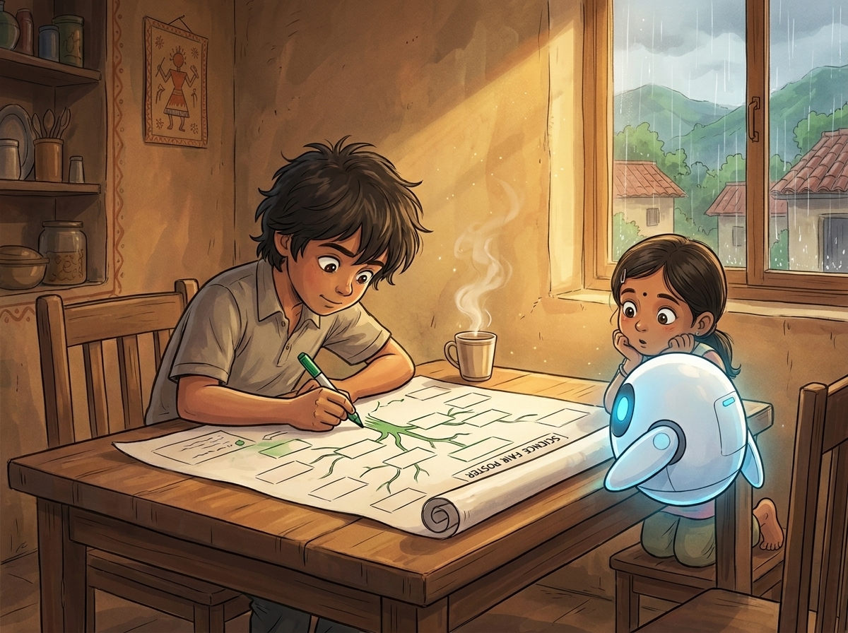 Milo at the kitchen table drawing a branching tree of boxes in green marker, Spark glowing beside him