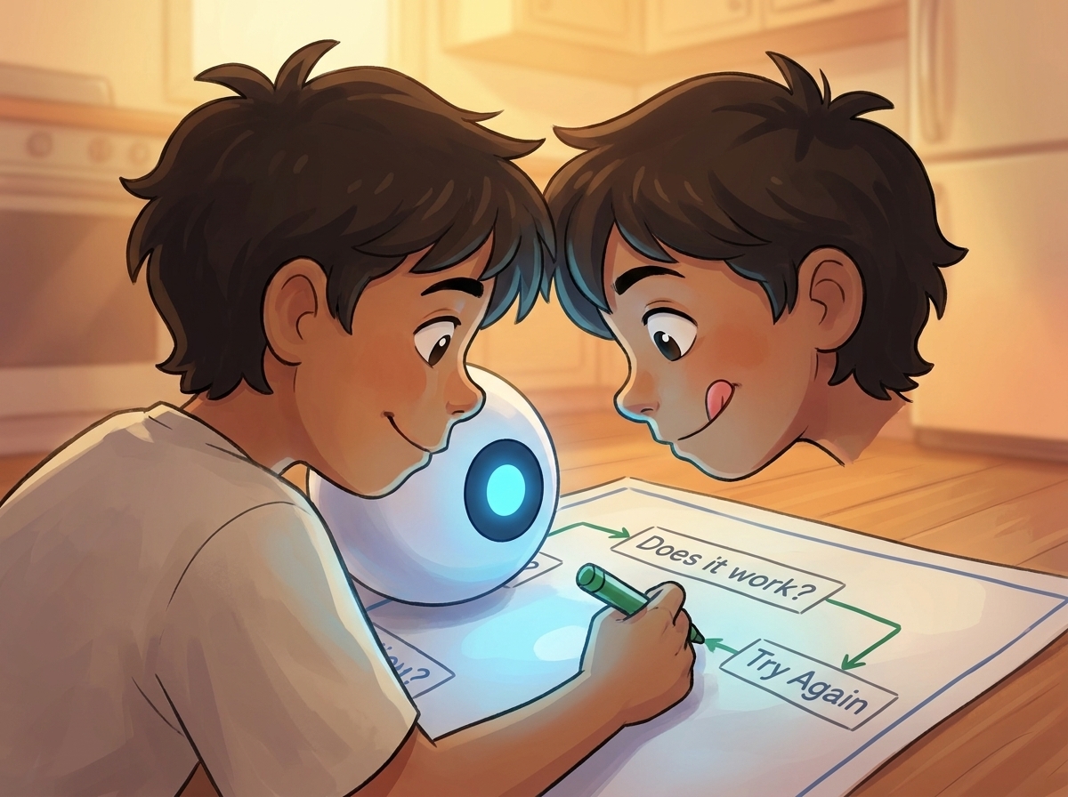 Close over Milo's shoulder, his hand drawing a line down to a box that says Try Again