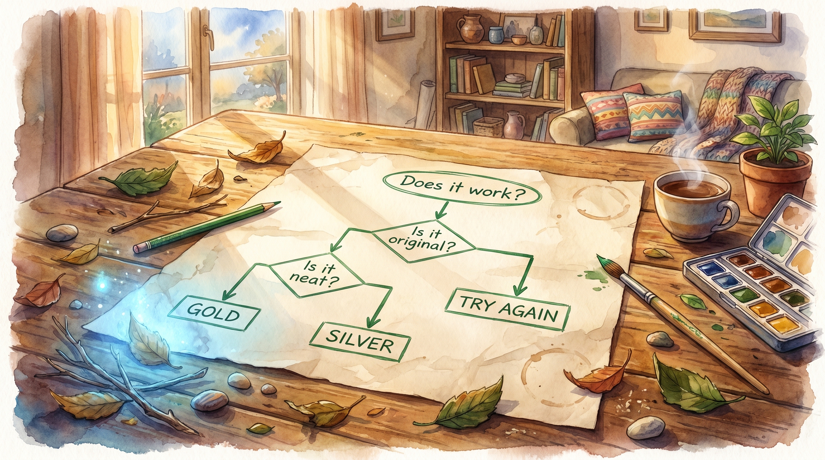 The finished green-marker decision tree spread flat on the table, seen from above, ending in leaf-boxes Gold, Silver, Try Again