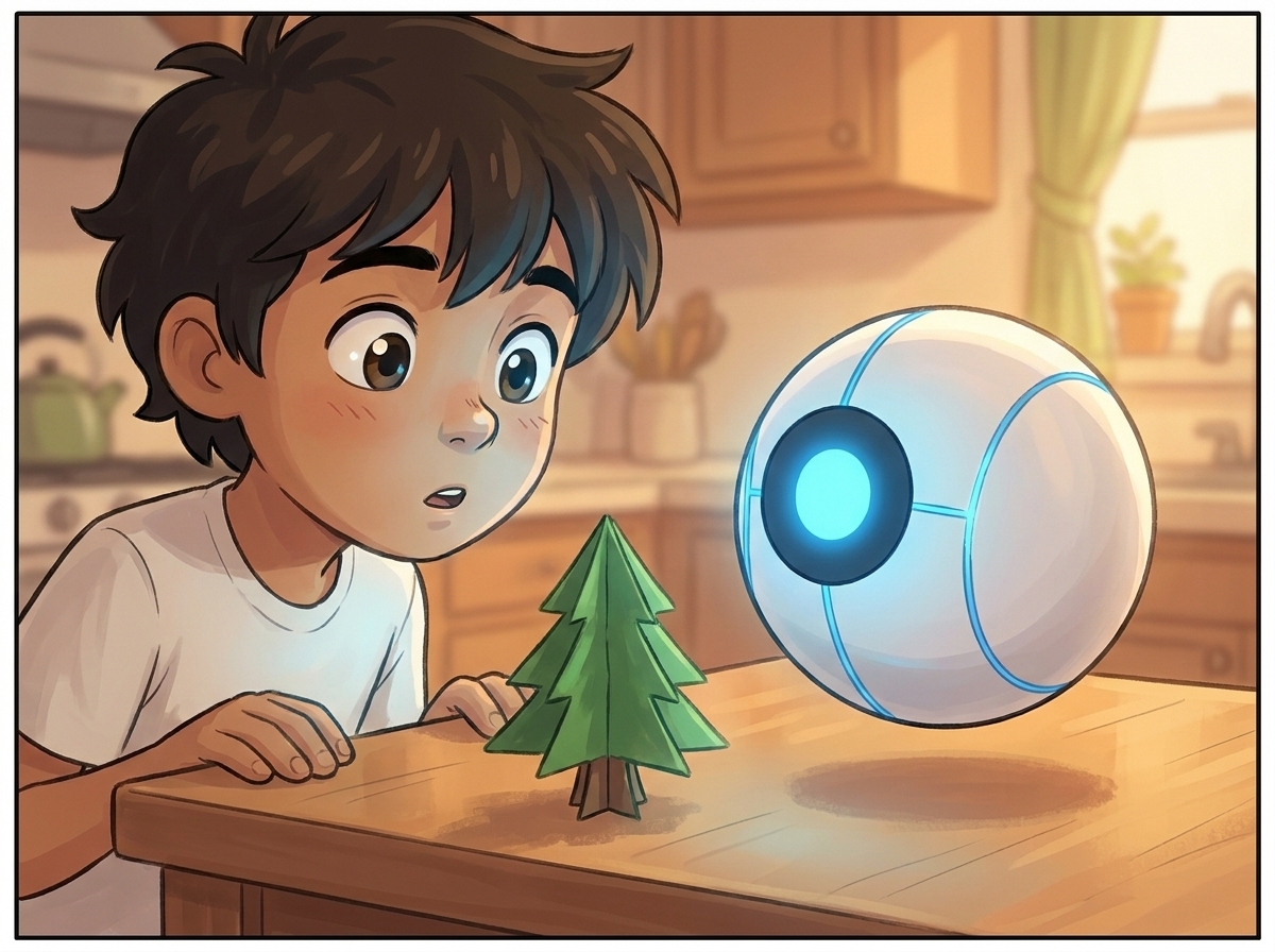 Spark hovering above the table, blue light pulsing in a fast loading flicker as it reads the tree