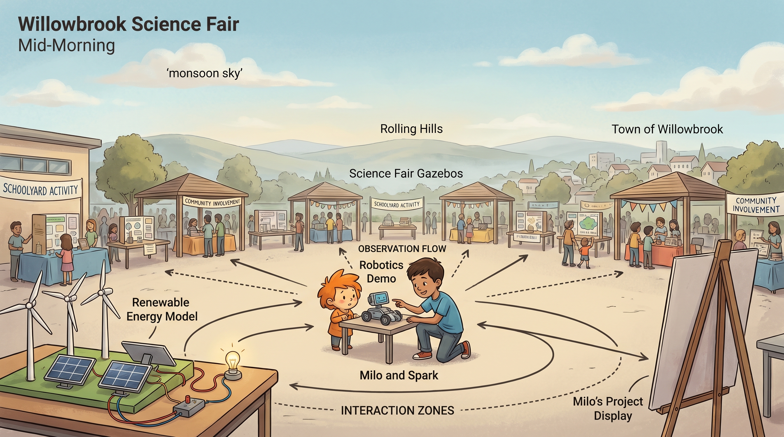 The Willowbrook school courtyard with science-fair projects, Kabir's volcano centre, Milo holding the green tree with Spark at his shoulder