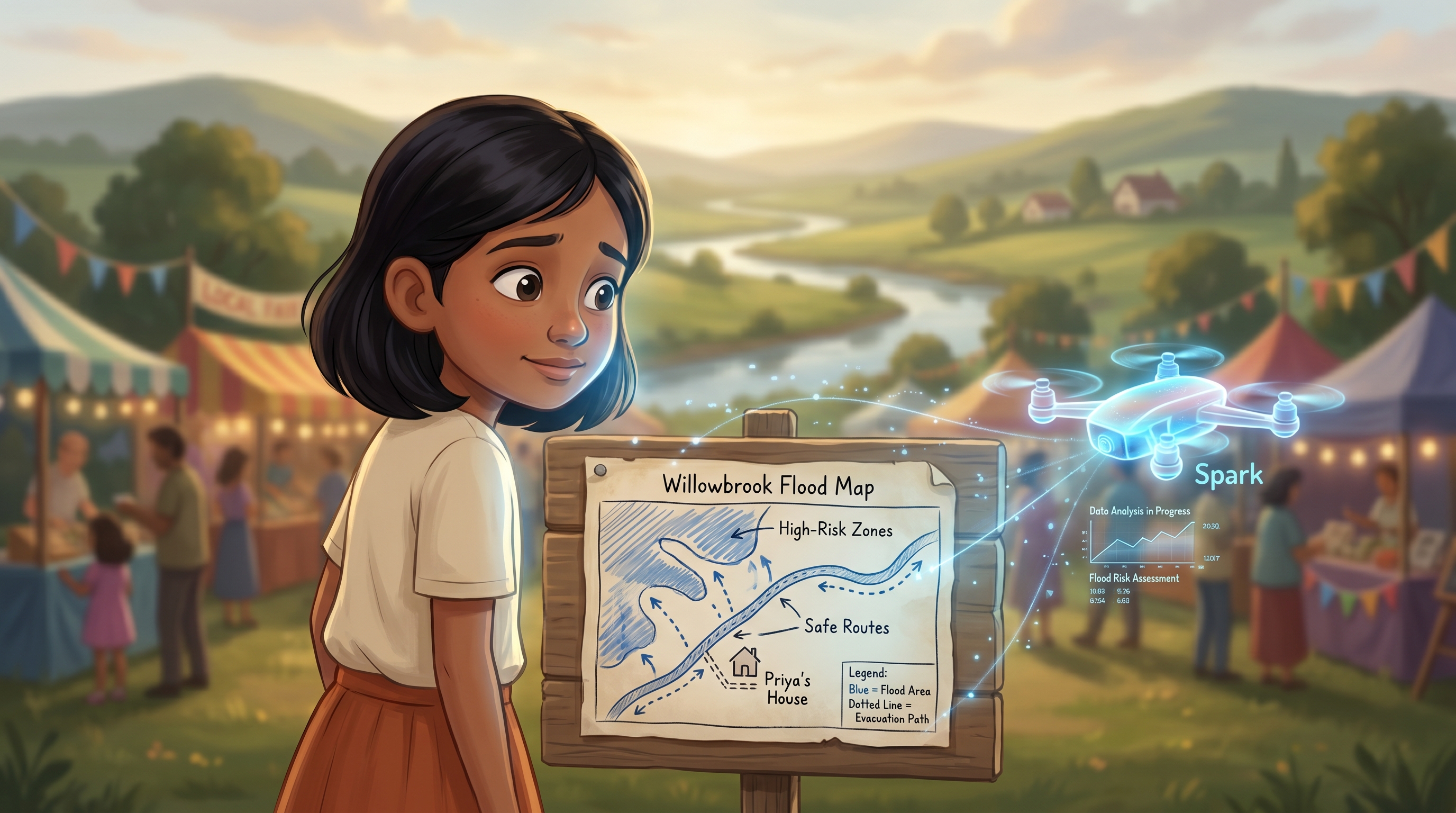 Priya standing beside her hand-drawn flood map, low streets shaded blue, looking hopeful and anxious