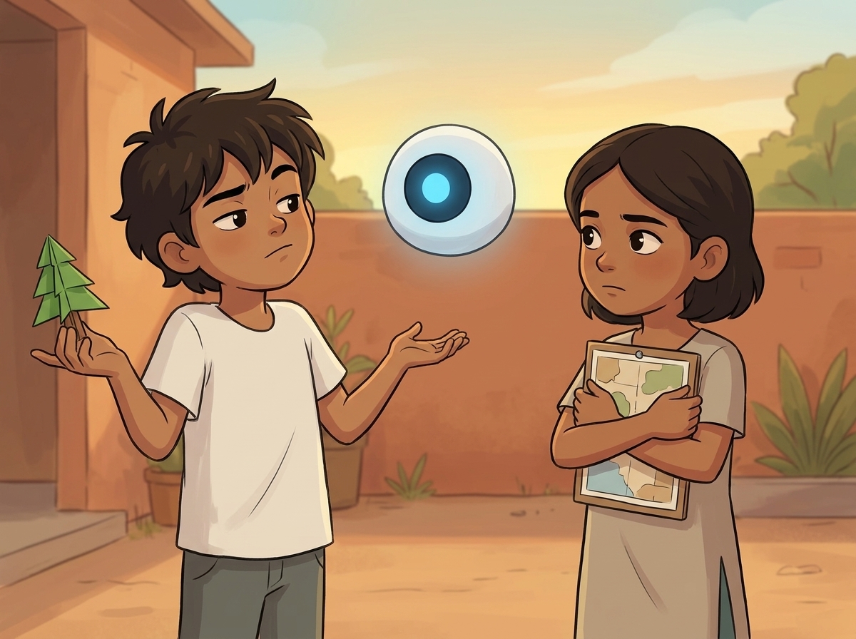 Milo half-shrugging and folding his tree, Priya looking at him steadily, Spark's light dimming a fraction between them
