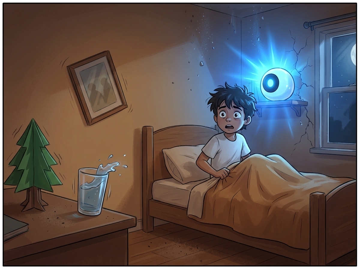 Milo's bedroom at night mid-earthquake, a picture sliding off the wall, the folded tree vibrating toward the desk edge, Spark's light flaring