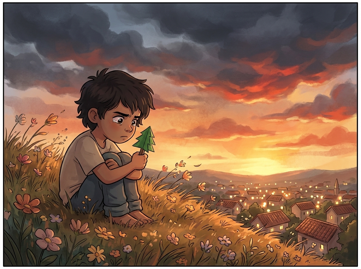 Milo small and alone on the wildflower hill at dusk, the green paper tree in his fist, looking down at Willowbrook's lights
