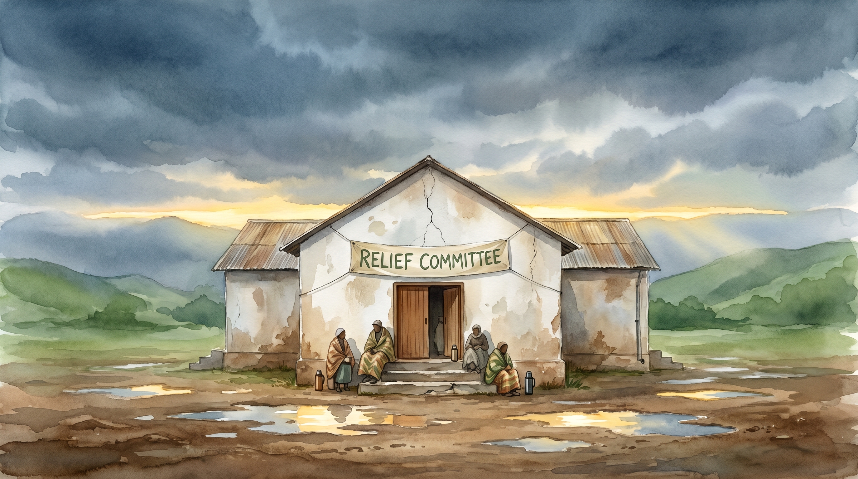 The Willowbrook community hall at dawn after the earthquake, a gold seam of light along a bruised grey sky