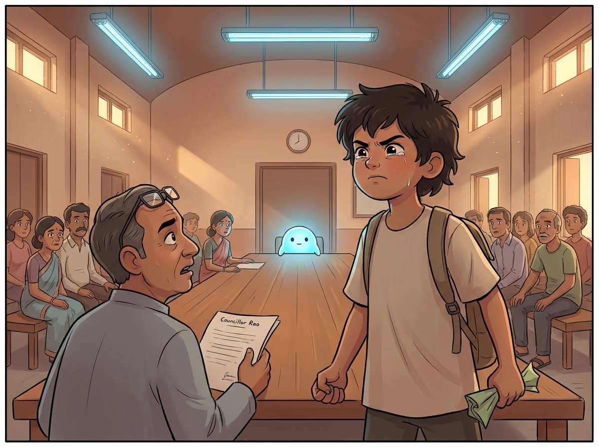 Milo, small but furious, faces a tired Councillor Rao across the long relief table as Spark's light glows low at the end