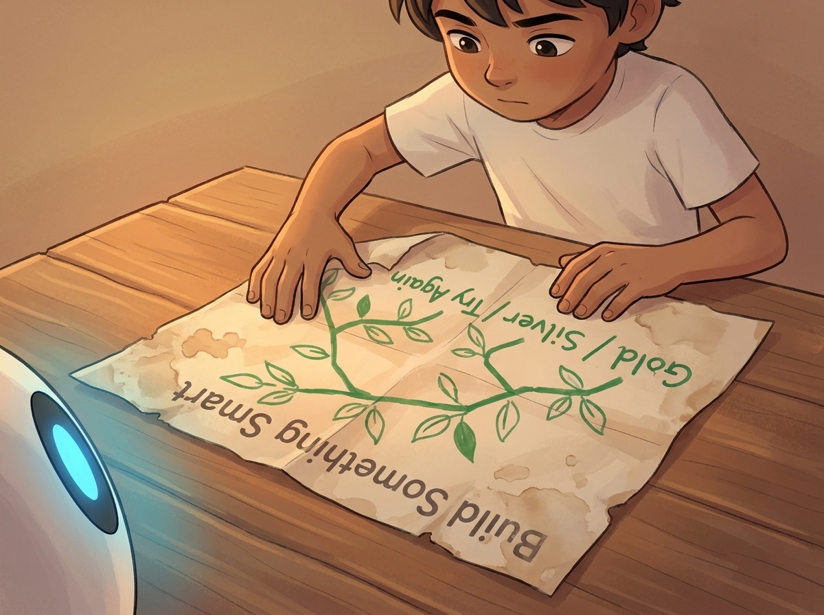 Milo's hands smoothing the worn green-marker decision tree flat onto the wooden table, Spark's blue glow edging in