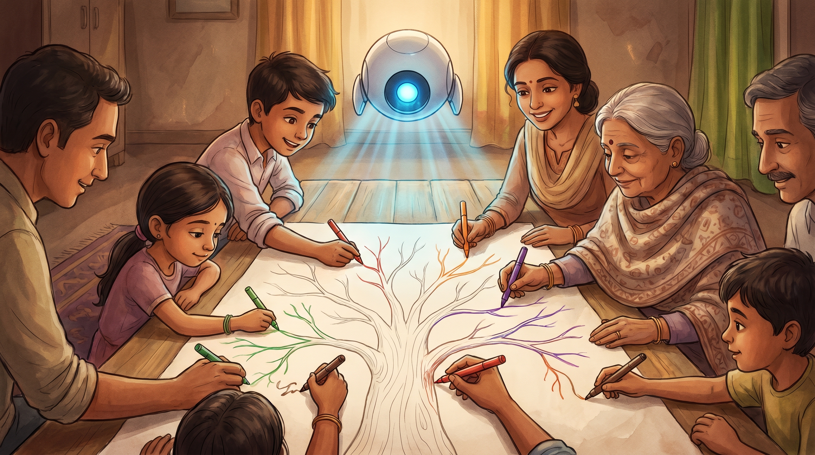 Kids and adults lean over the unfolded paper tree, each holding a different colour marker, drawing new branches as Spark glows above