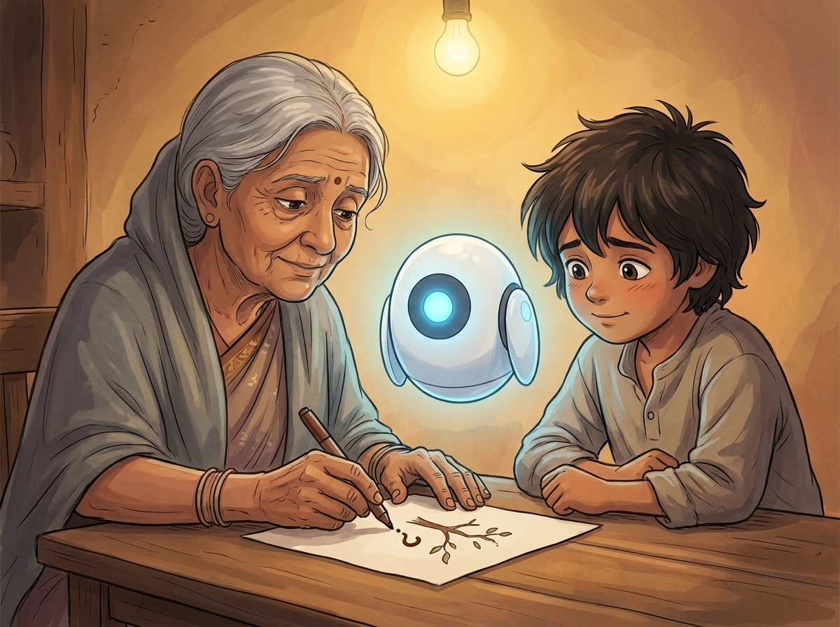 Mrs. Kamala, elderly in a grey shawl, takes a brown marker in a trembling hand to add her own question, Milo watching tenderly
