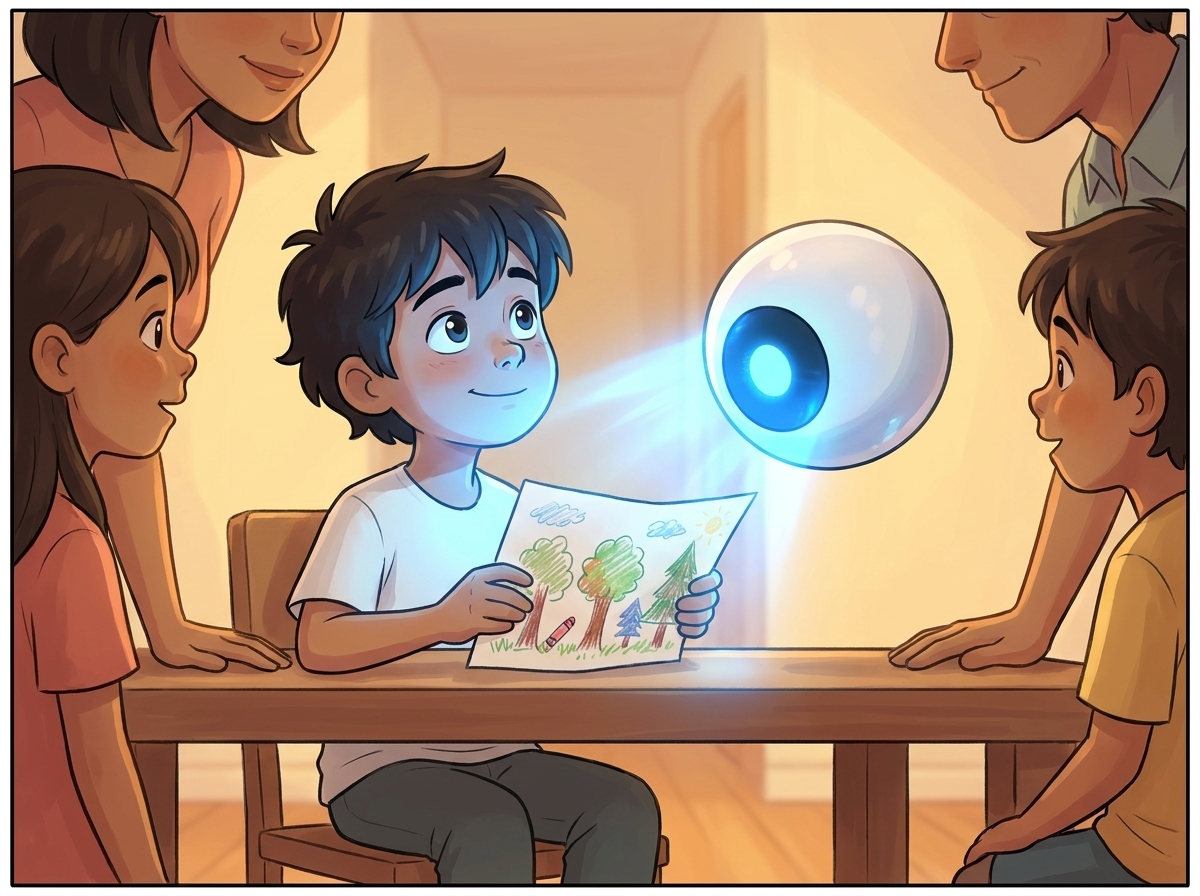Milo holds the marked-up rainbow tree up to Spark, whose blue light pulses bright as it scans each new question