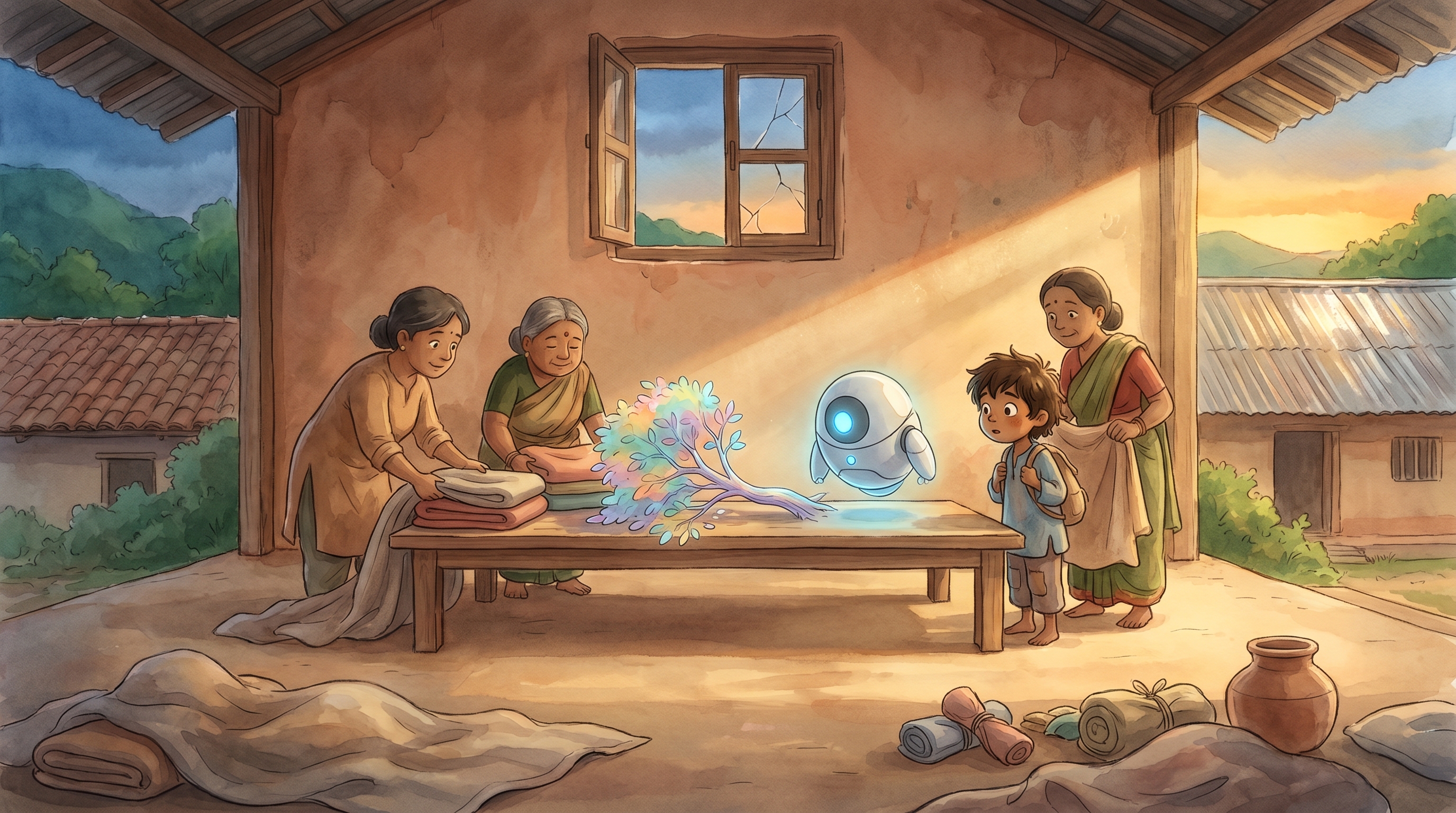 The gathered group around the rainbow tree as real sunlight finally breaks through the high cracked window, the crisis passing