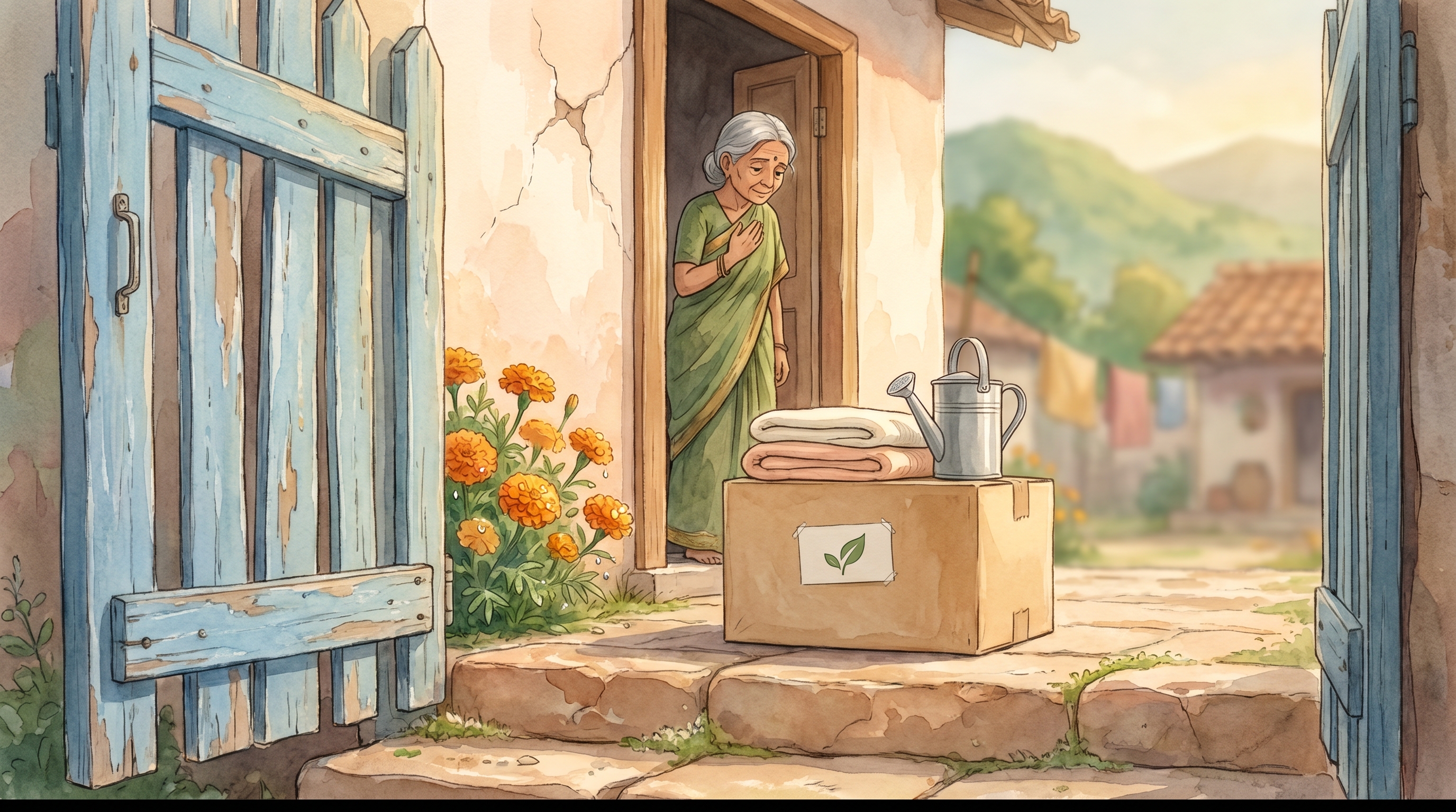 A relief box on the stone step inside Mrs. Kamala's peeling sky-blue gate at sunrise