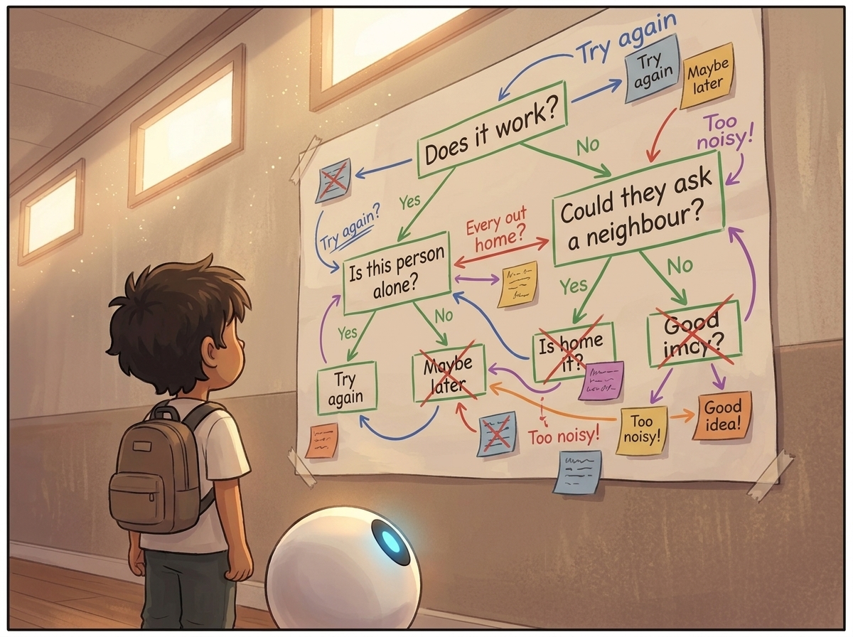 The rebuilt paper decision tree pinned to the hall wall, crowded with multicoloured handwriting, Milo and Spark looking up at it