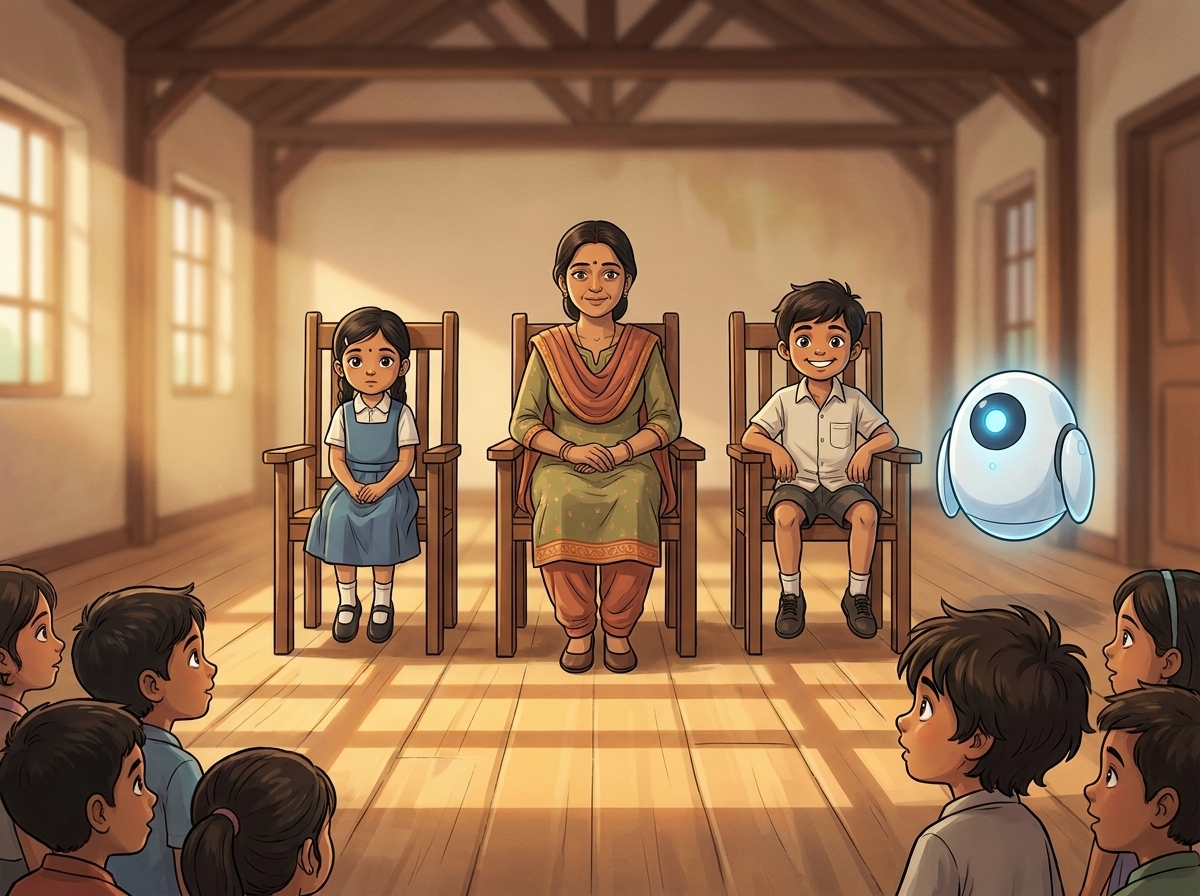 Three judging chairs at the front of the hall — Mrs. Mehra, Priya, and Kabir — with Spark hovering beside them as one voice among equals