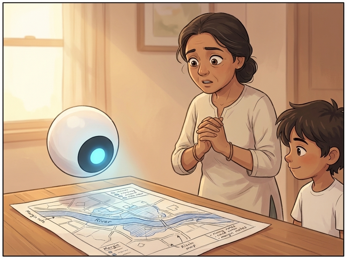 Priya standing beside her plain pencil flood-map, Spark's blue light leaning toward it tenderly, Milo watching proudly
