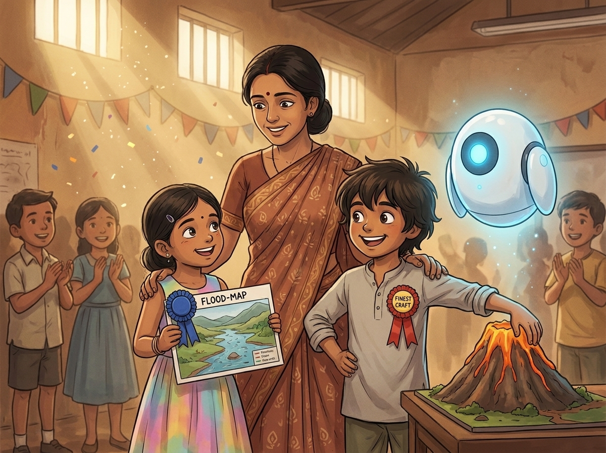 Priya holding the blue ribbon by her flood-map and Kabir wearing a red Finest Craft ribbon by his volcano, Mrs. Mehra between them, Spark glowing to the side