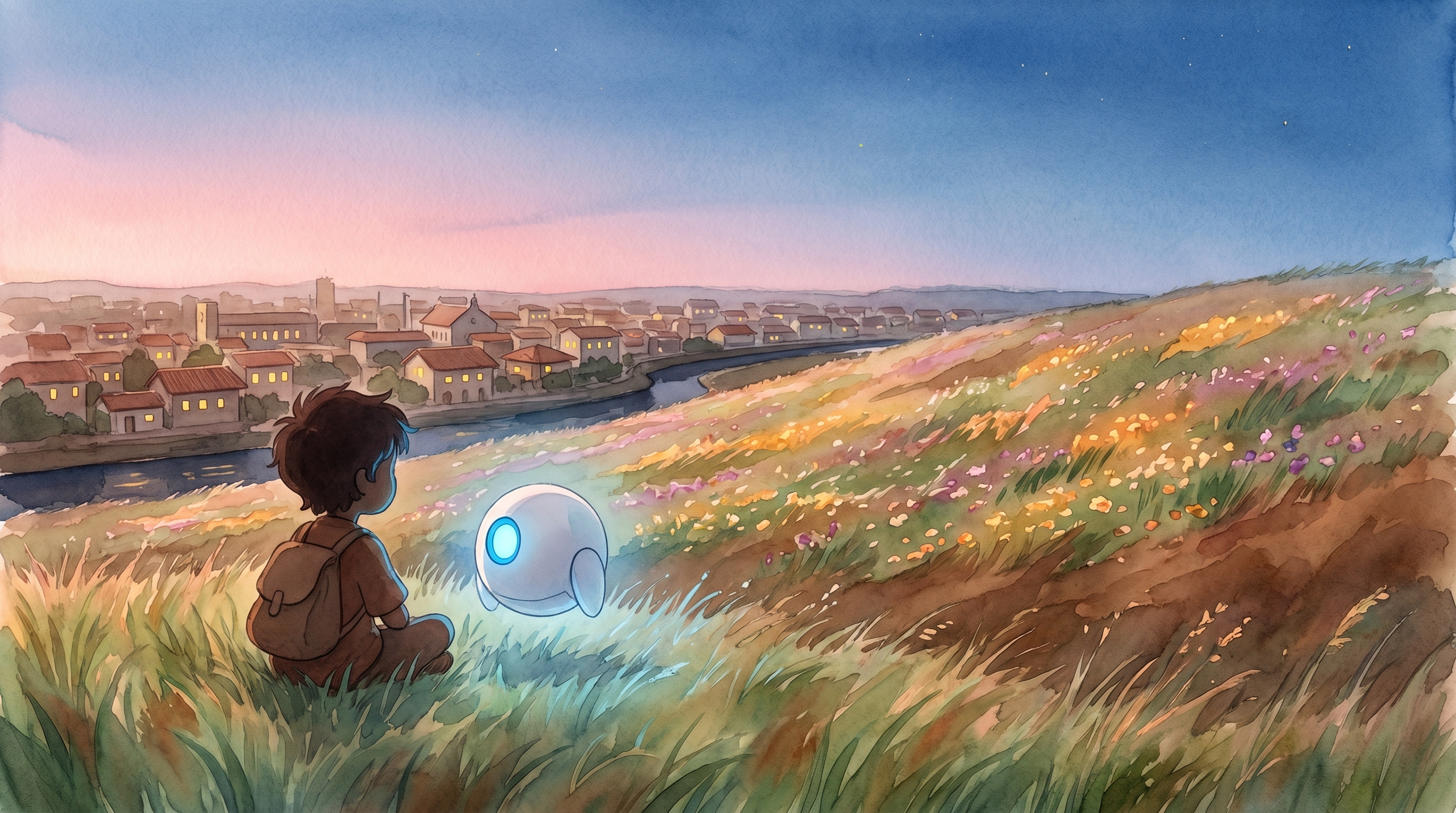 Wide view of the wildflower hill at dusk — Milo's small silhouette and Spark's single blue glow above the lit-up town of Willowbrook