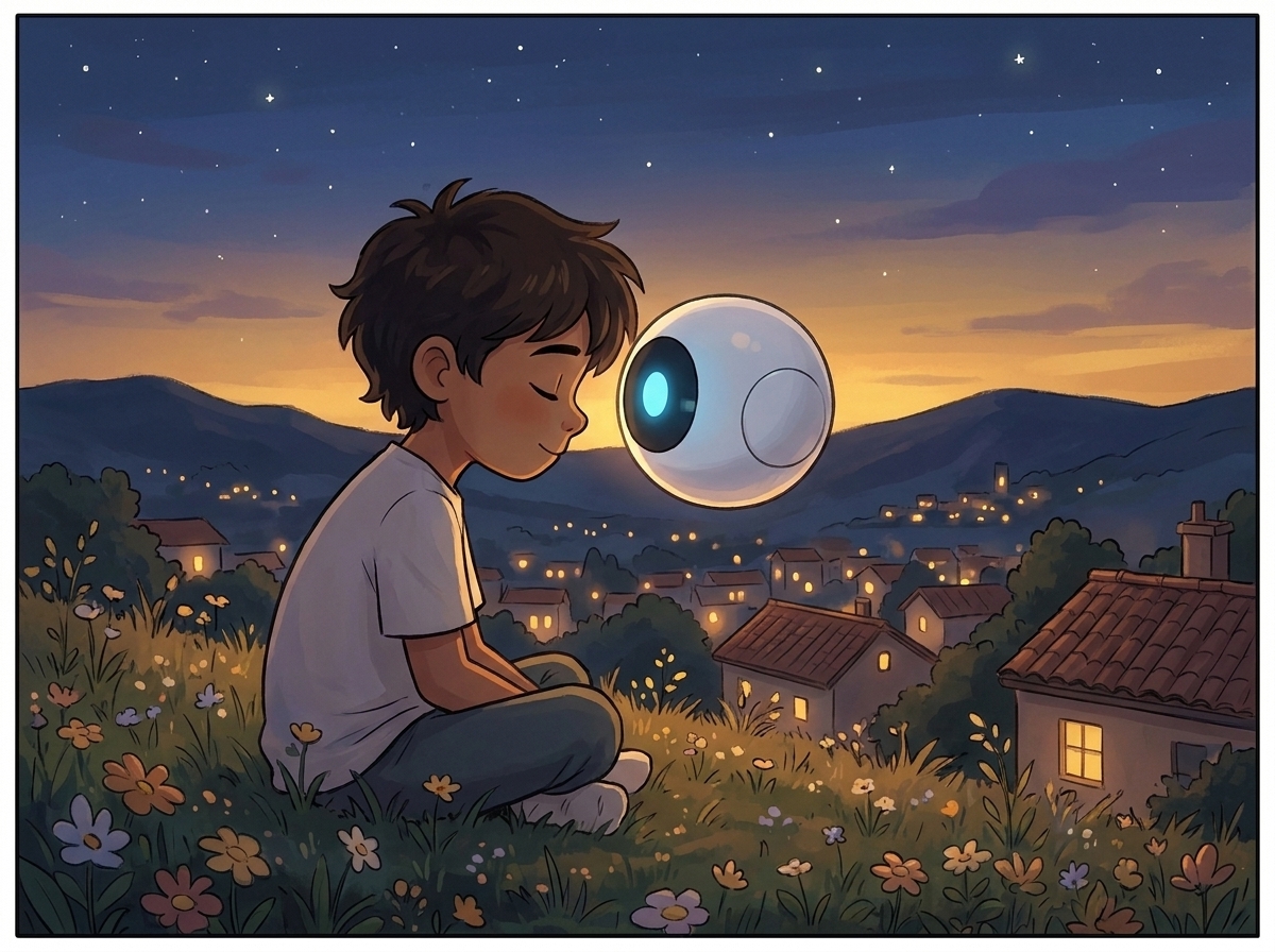 Intimate two-shot on the hill at deep dusk — Milo turning to look at Spark, whose blue light glows its warmest and steadiest, the town lights far below