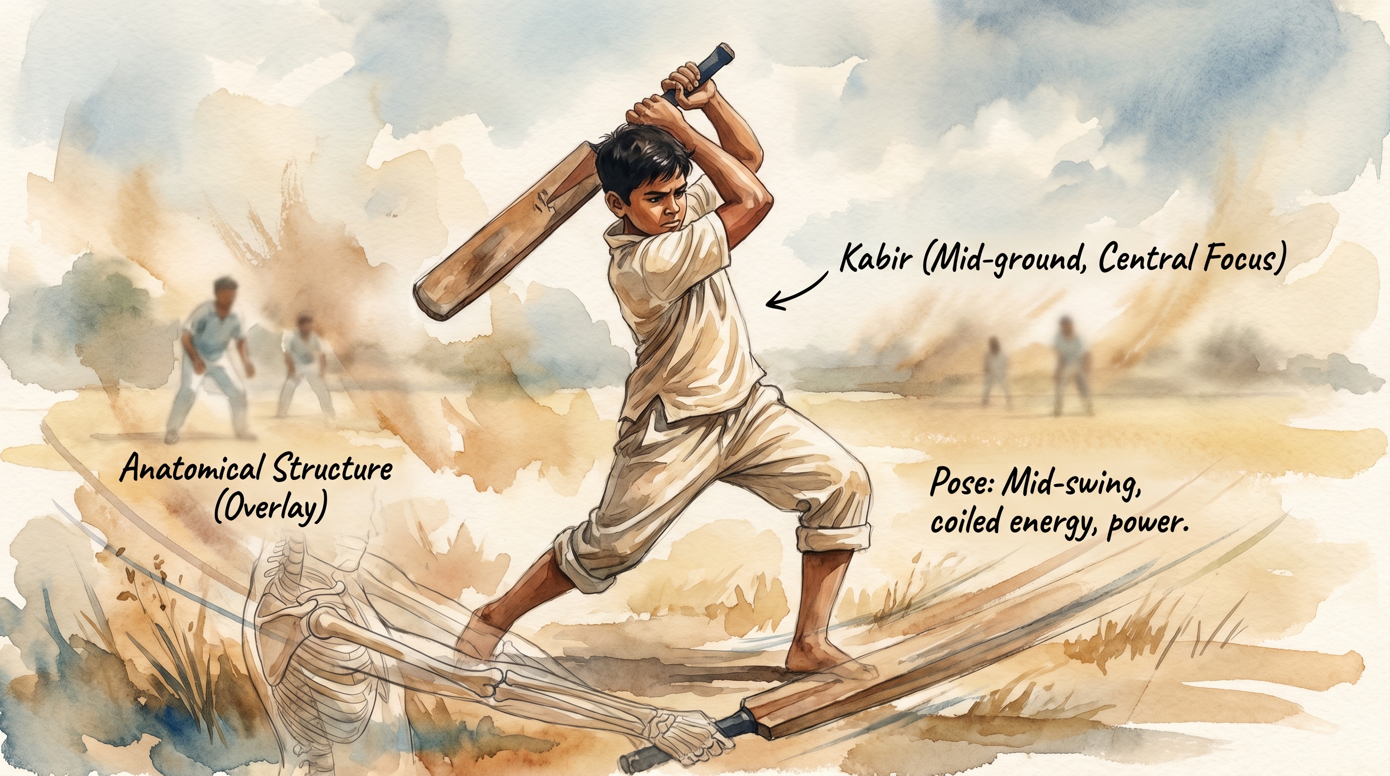 Kabir mid-swing with his taped old bat marked THUNDER, face pure concentration, dust kicking up