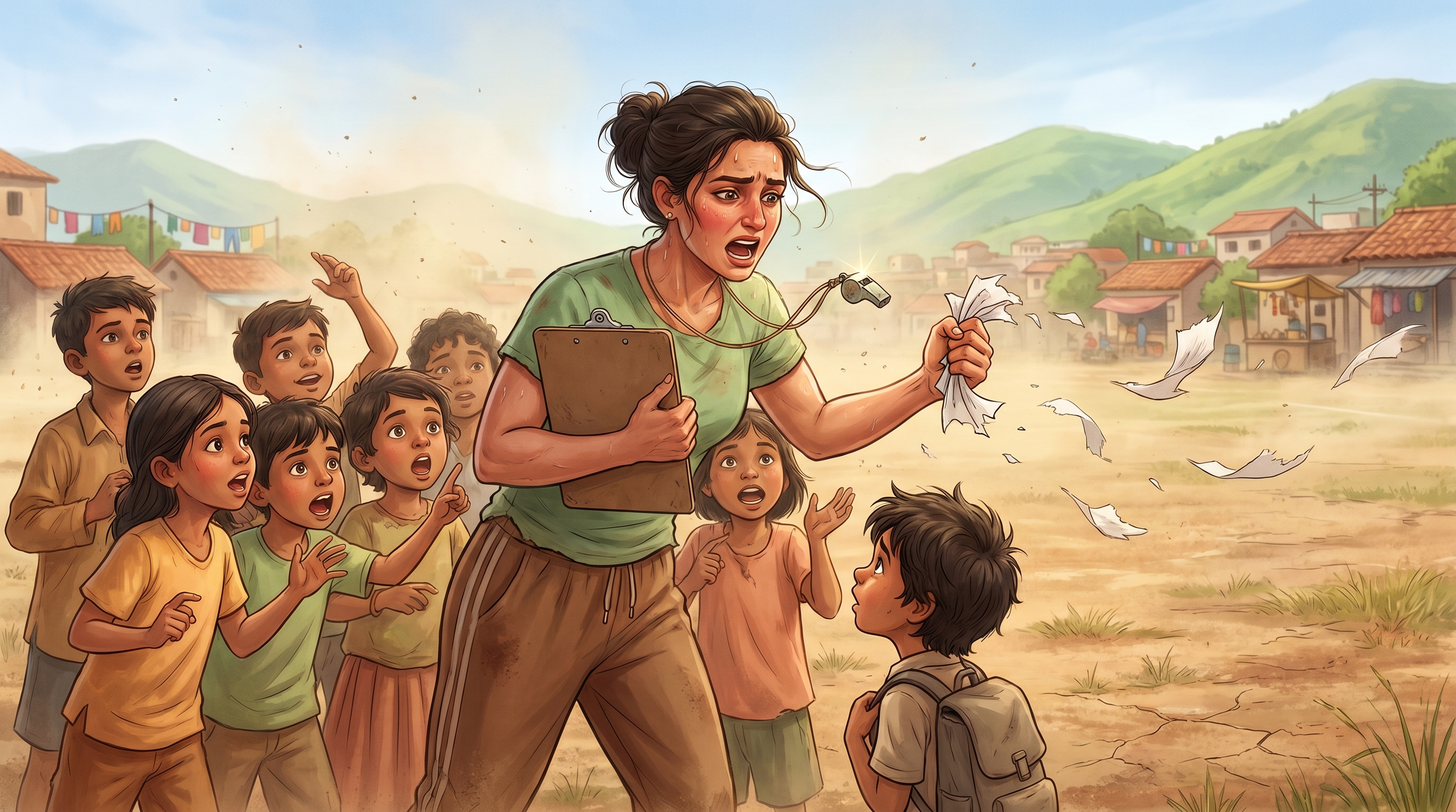 Coach Devi overwhelmed in the middle of the field, clipboard in one hand, torn paper scraps blowing from the other, kids crowding her