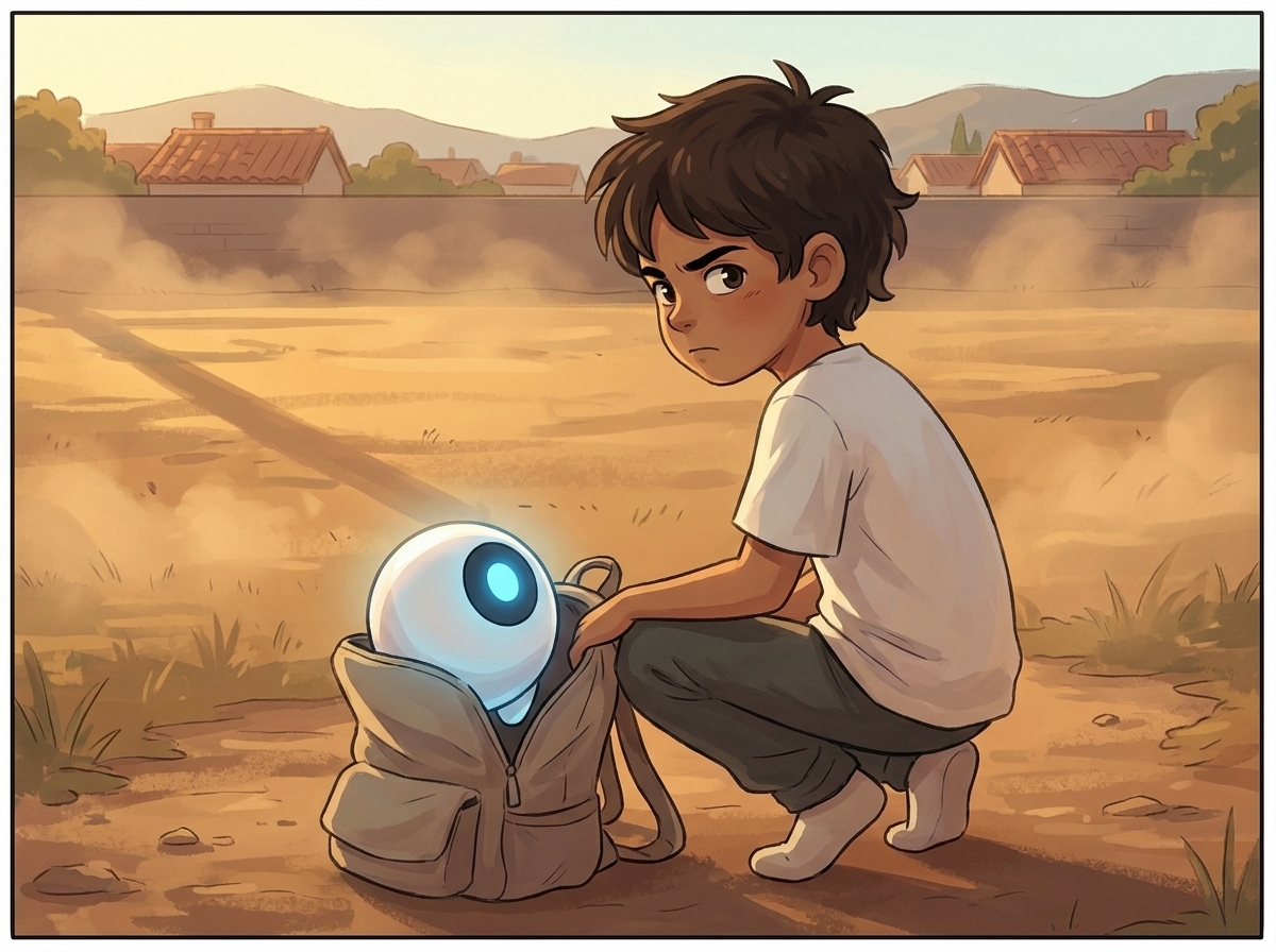 Milo crouched at the edge of the field, half-turned to his open bag where Spark has emerged, its blue light the only cool colour in a gold-and-dust scene