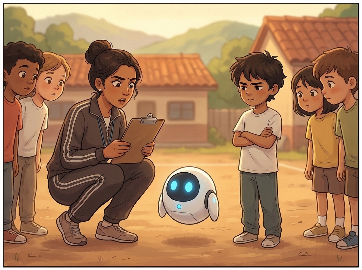 Coach Devi crouched beside Spark reading scores aloud, Spark's blue light flickering as it catches each number, the chaos resolving into order