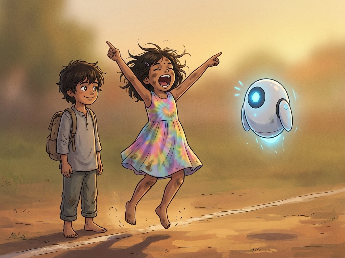 Tara bouncing on the boundary line, pointing at Spark and cheering with both arms in the air, Milo half-smiling beside her