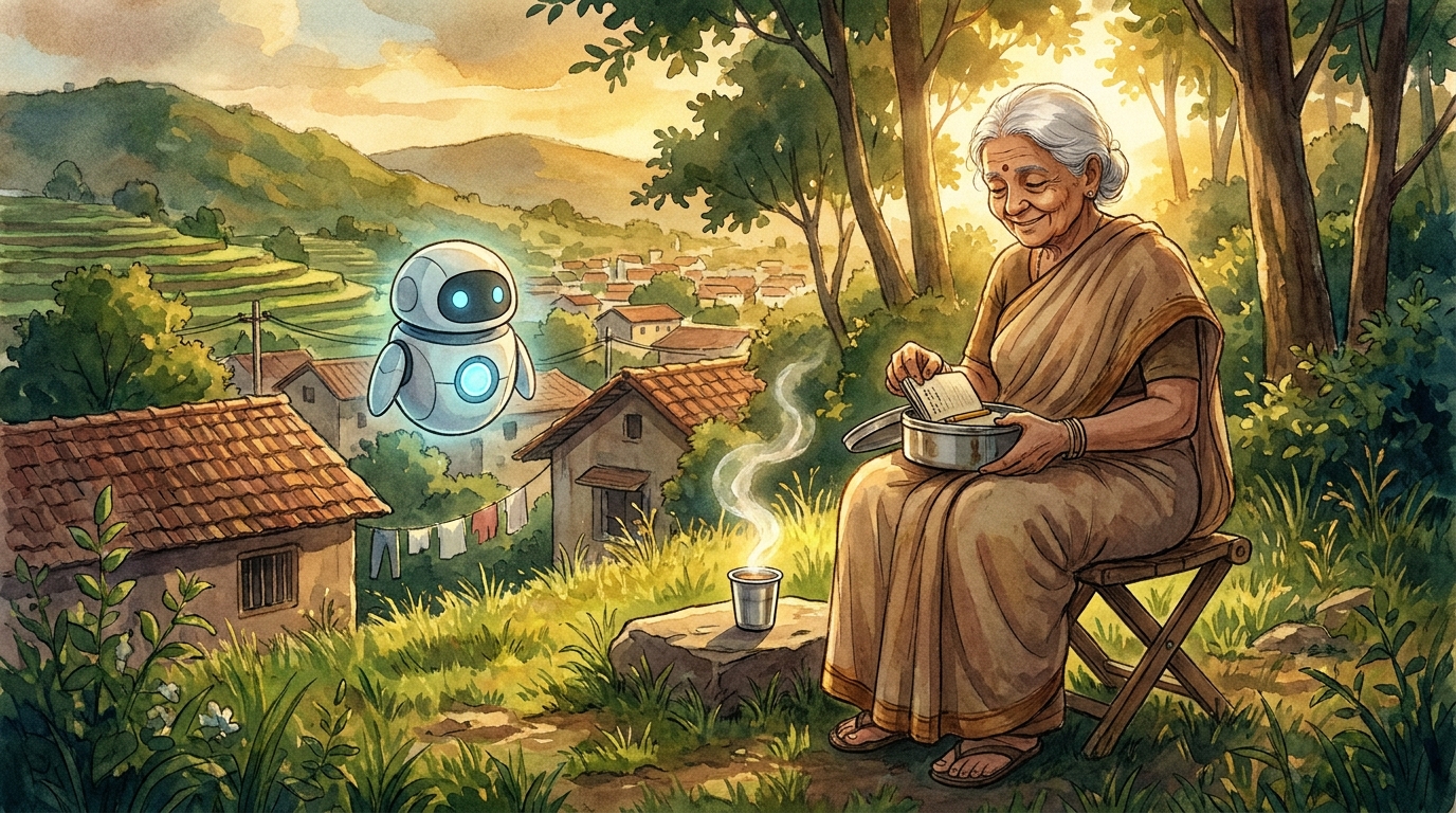 Mrs. Kamala settling onto a folding stool at the boundary, opening a steel tiffin to produce a small notebook and pencil stub, healthy and at peace
