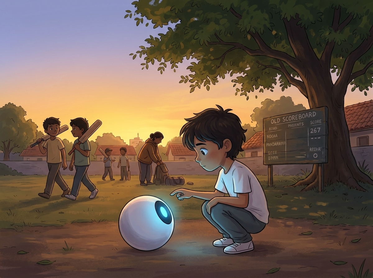 The Maidan emptying at dusk, Milo crouched by Spark lit by cool blue glow and warm dying sun, the old wooden scoreboard waiting in shadow behind the neem tree