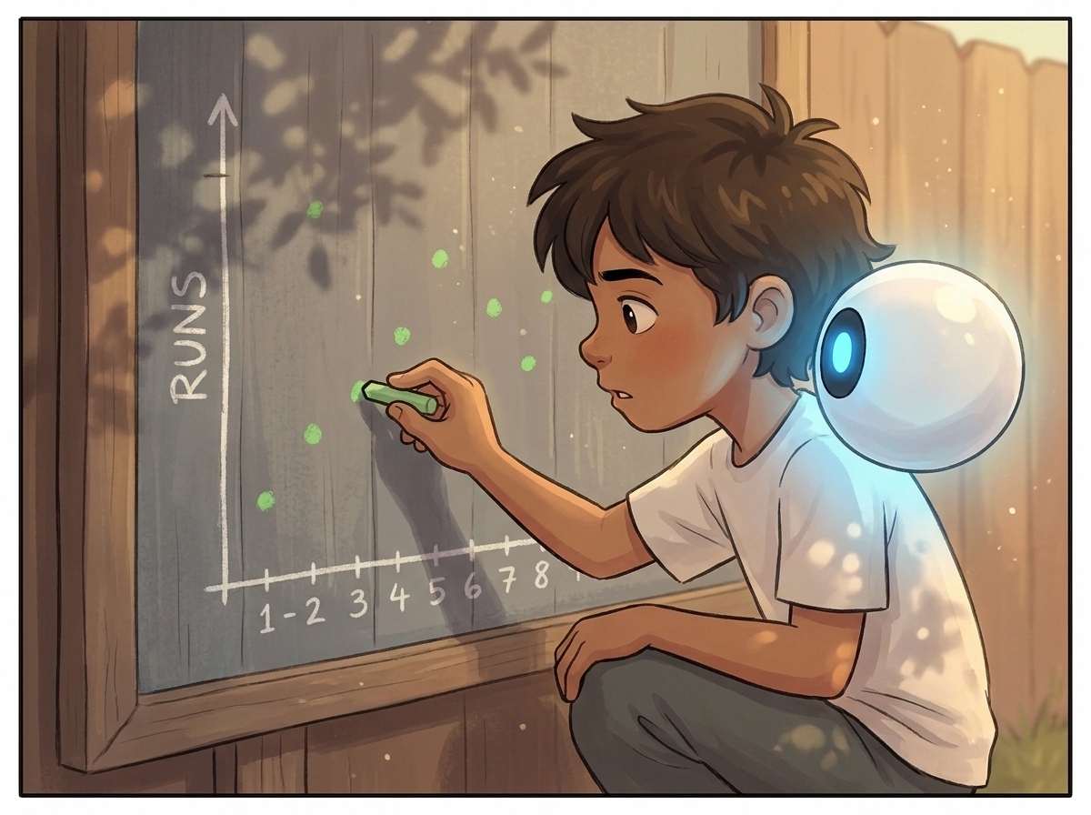 Milo crouched at the scoreboard pressing green chalk dots onto the grey wood, Spark hovering beside his shoulder
